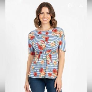 Kayla’s Armoire blue striped and floral top size medium